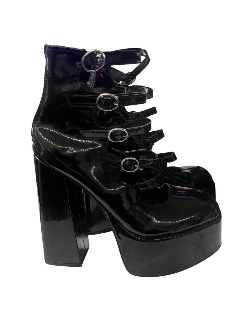 Bamboo Black Patent Leather Multi-Strap Platform Chunky Heel Booties